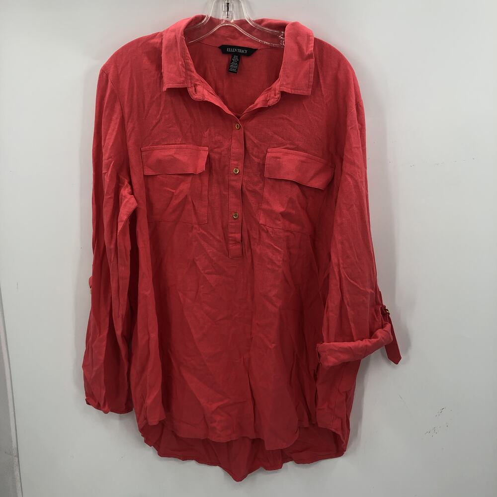 Eleen Tracy Women's Front Button Detail Blouse Top Roll Tab Sleeves Red X-Large